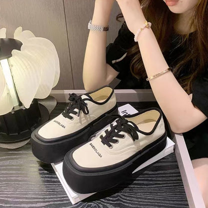 xakxx Popular Internet Celebrity Niche Square Toe Sneakers Women's Summer  New Platform Platform White Match Height Increasing Canvas White Shoes
