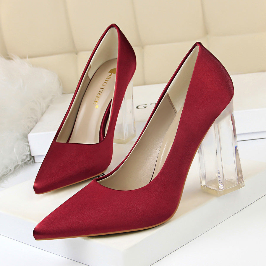 2025 2993-1 Korean version of fashion transparent crystal heel high heel satin light mouth pointed sexy high heels wedding shoes women's single shoes