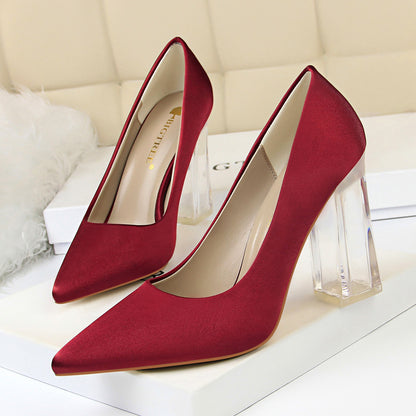 2025 2993-1 Korean version of fashion transparent crystal heel high heel satin light mouth pointed sexy high heels wedding shoes women's single shoes