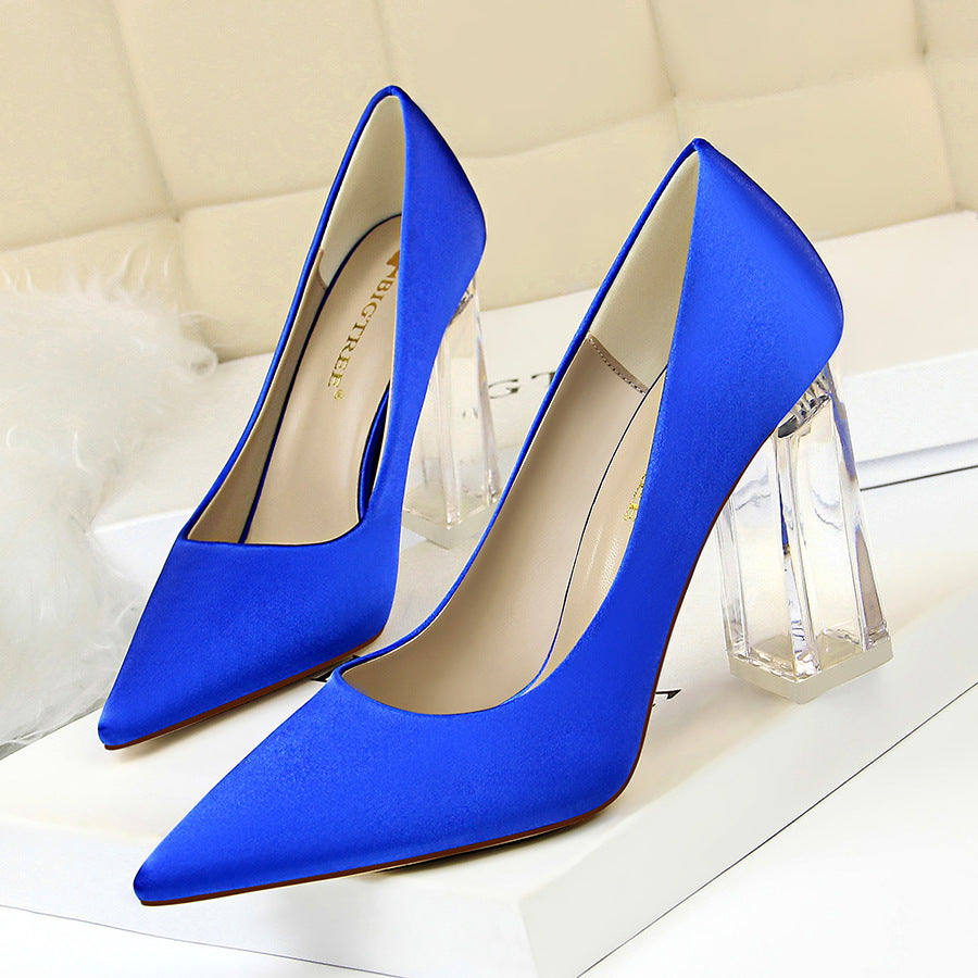 2025 2993-1 Korean version of fashion transparent crystal heel high heel satin light mouth pointed sexy high heels wedding shoes women's single shoes