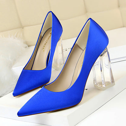2025 2993-1 Korean version of fashion transparent crystal heel high heel satin light mouth pointed sexy high heels wedding shoes women's single shoes