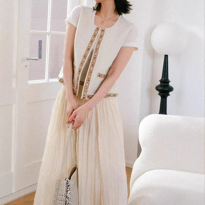 2025 Ethnic style vacation heavy industry bead weaving lace vest + natural pleated skirt set