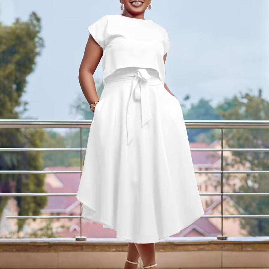 2025 D376 New large-size women's clothing, new temperament Tongle solid color top, large pendulum skirt, two-piece Popular trade suit