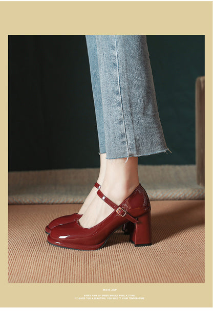 2025 Cowhide version~ New Mary Jane small leather shoes waterproof table one-word buckle retro high heels women's thick heel women's single shoes