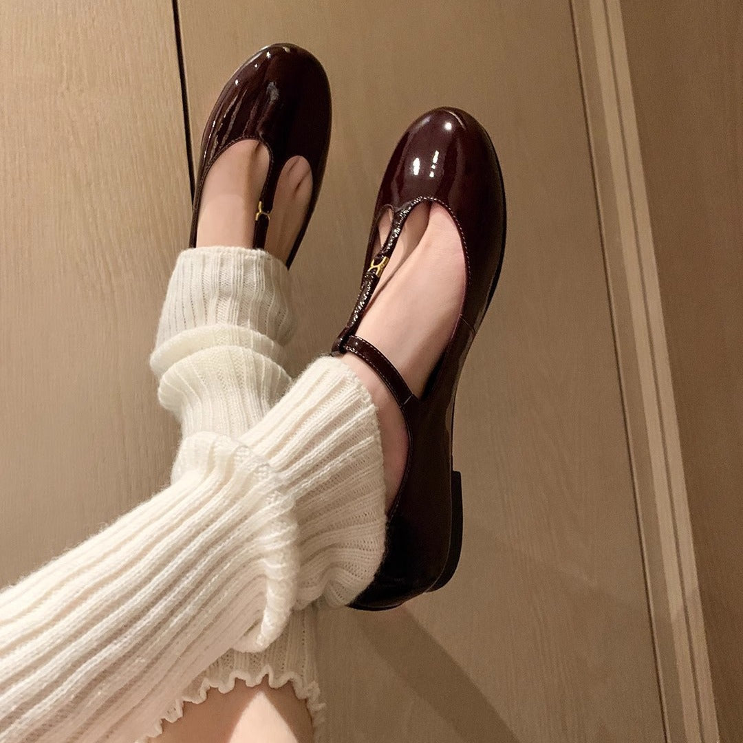 2025 Cowhide version~ Su Yinyin's same spring and autumn small gold buckle retro round head T belt versatile Mary Jane flat shoes women's single shoes