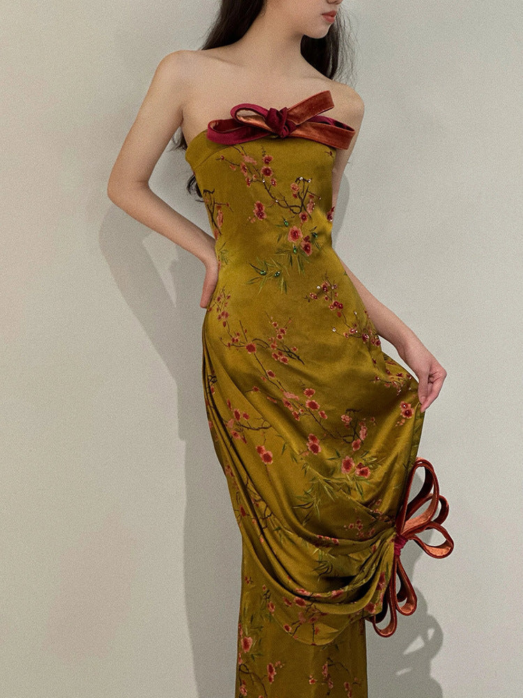 2025 New Chinese tube top morning gown dress women's dinner party bow return door banquet fishtail skirt bride toast dress