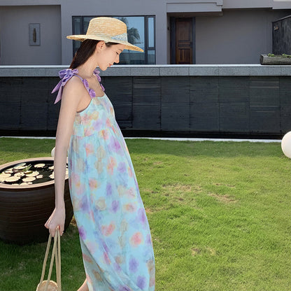 2025 Summer dopamine seaside vacation skirt coffee break  beautiful printing super good-looking pure desire wind suspender dress