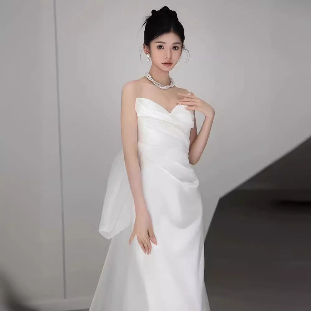2025 tube top light wedding dress light luxury travel photography Mori hair out yarn Korean simple satin bridal welcome dress small trailing spring