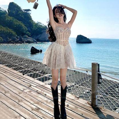2025 pure desire seaside vacation lace suspender dress women's summer high-end sexy birthday evening dress fluffy skirt