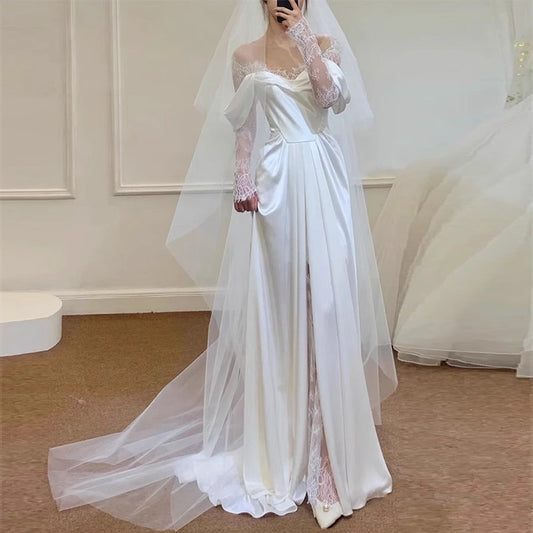 2025 simple satin travel photography light wedding dress long sleeve popular new bride shoulder small light dress trailing