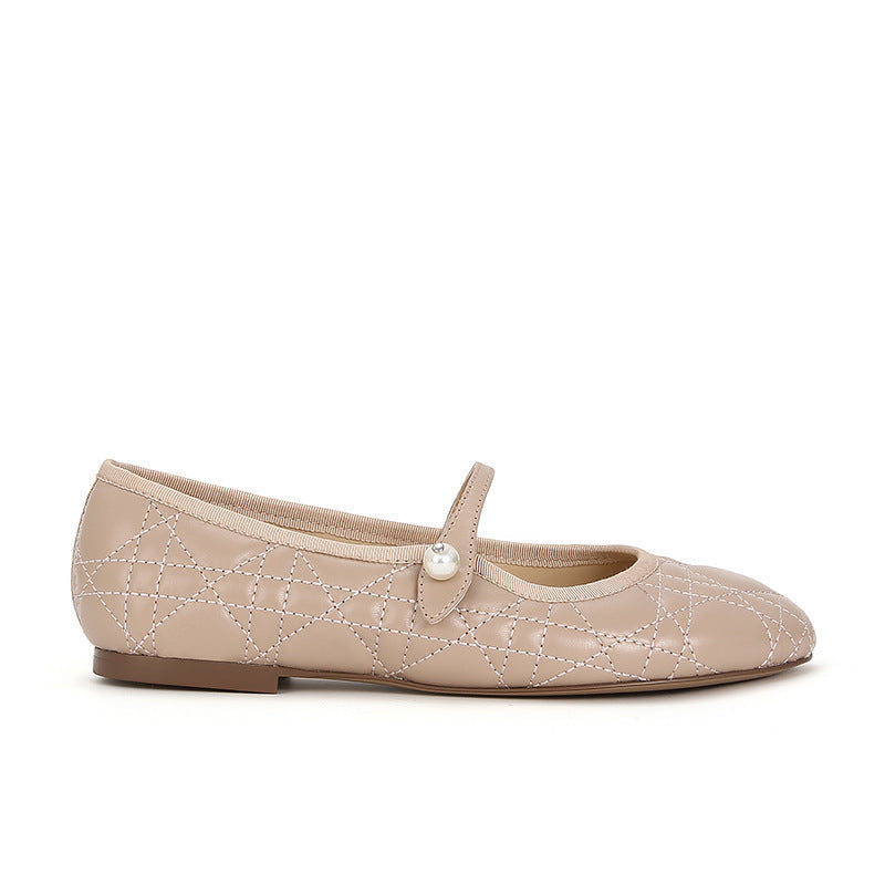 2025 Sheepskin version~ Round head imported lambskin rhombus pearl one-word buckle with flat sole shoes women's Mary Jane shoes