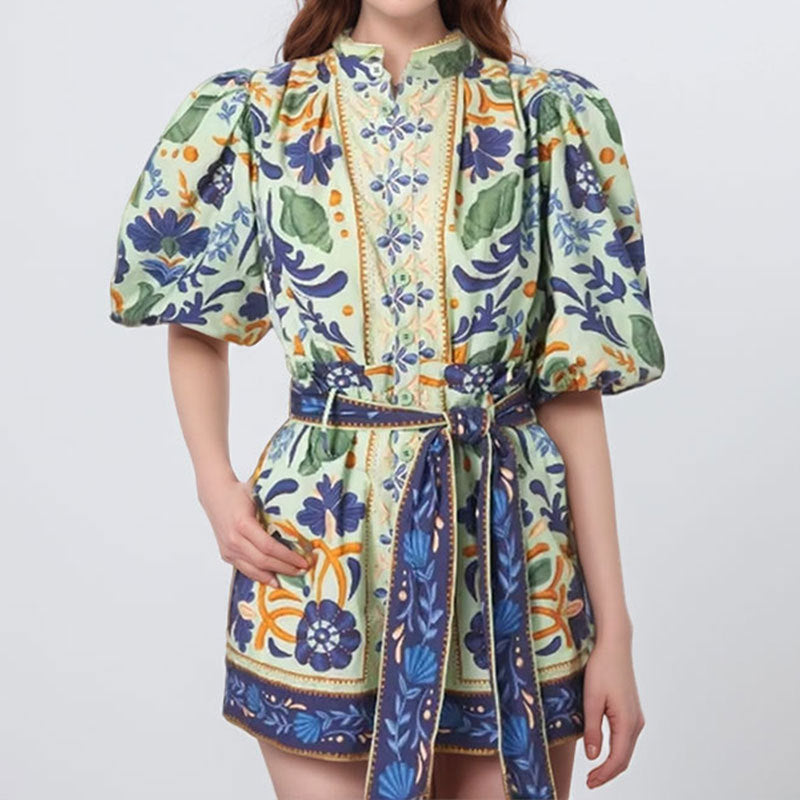 2025 2025 women's clothing 2025 spring new temperament retro printing court style bubble sleeve shirt belt shorts set