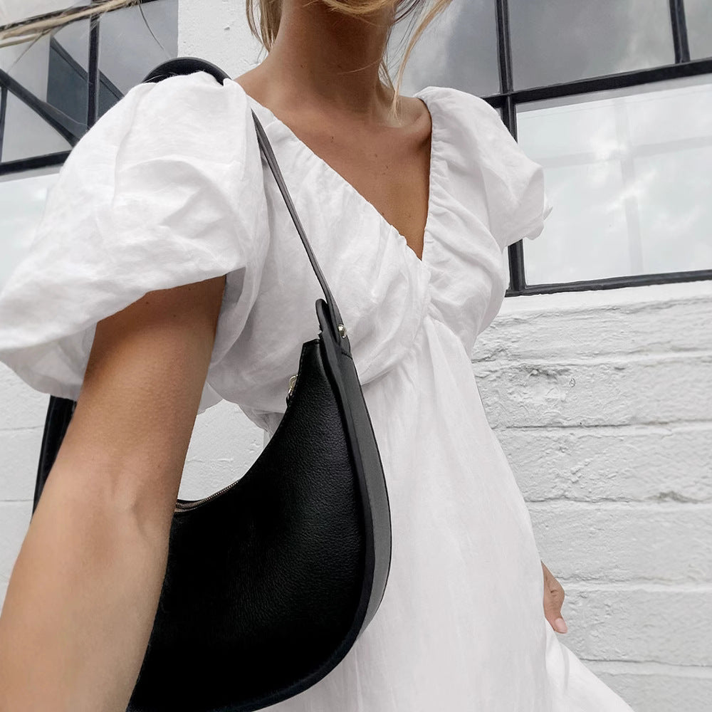 XAKXX 2025 early spring new cotton and linen V-neck bubble sleeves pure white dress 2025 fashion cross-border wholesale small white dress women