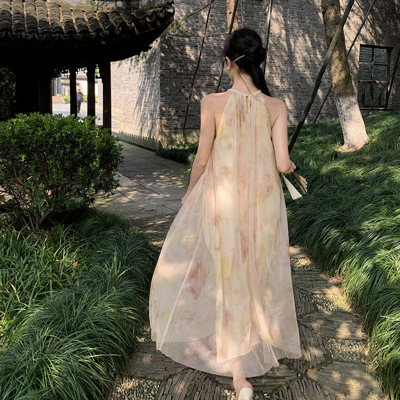 2025 New Chinese neck mesh dress women's summer loose pendulum printing seaside vacation suspender skirt beach dress