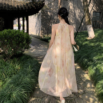 2025 New Chinese neck mesh dress women's summer loose pendulum printing seaside vacation suspender skirt beach dress