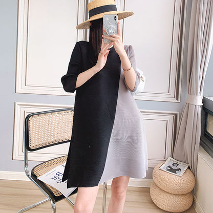 2025 women's clothing medium and long dress splicing temperament commuting loose contrasting color dress fat mm stomach A-word skirt Popular style