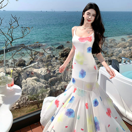 2025 Color tie-dye dopamine vacation style perspective pendulum super fairy Thai island atmosphere beach suspender long dress