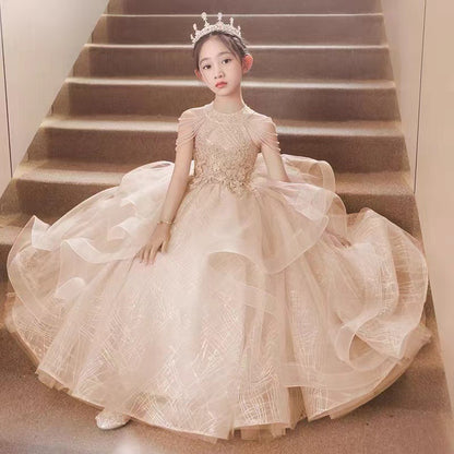 Children's Dress Girls Birthday Princess Dress Dresses of Bride Fellow Kids Light Luxury Minority Children Host Piano Performance Pink