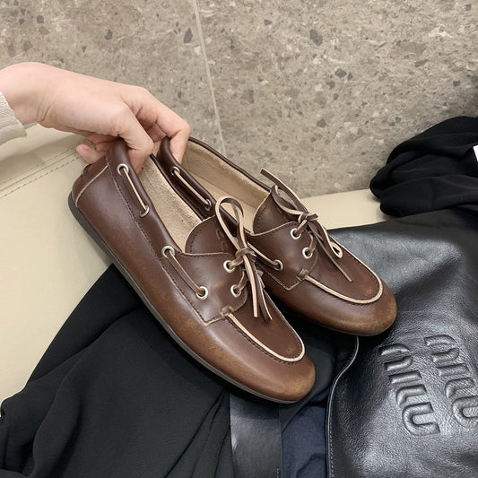 2025 Cowhide version~ Grape mother same shoes British style old dirty lace-up soft sole loafers retro small leather shoes women