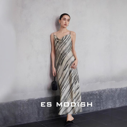 2025 ES MODISH Spring New Product Vacation Style Retro Printed Suspender Dress with High Waist Sexy Long Dress Women