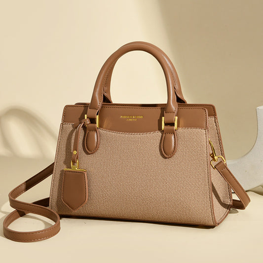 Bag autumn new simple temperament women's handbag canvas splicing contrasting color shoulder bag commuter messenger bag
