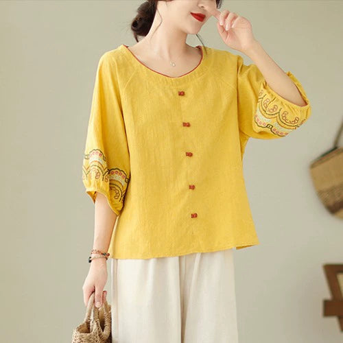 Young mother fashion suit jacquard loose literary button top ramie nine-point Harlan pants casual two-piece set