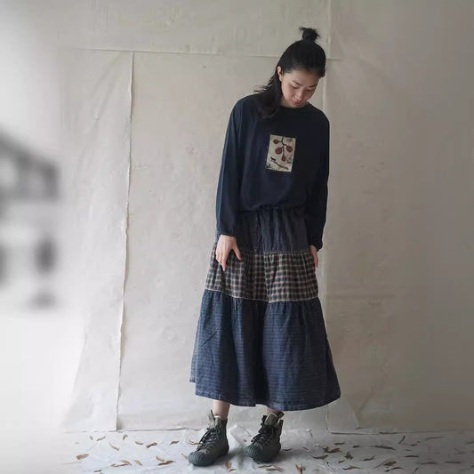casual literary printing splicing ecological cotton long-sleeved T-shirt, environmentally friendly cotton knitted sweater bottoming shirt S0127