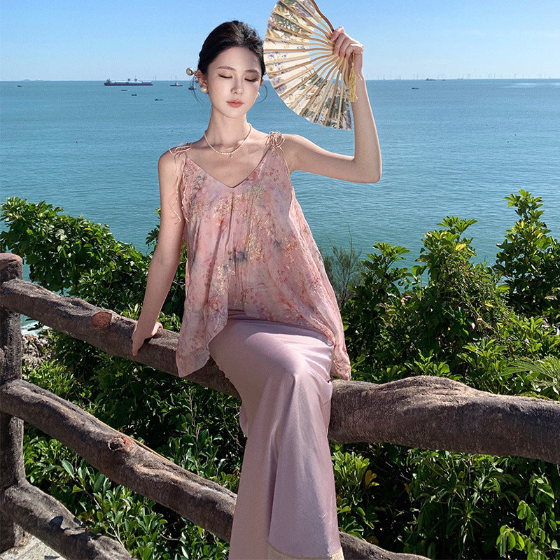 2025 New Chinese style suit, gentle temperament chiffon printed suspender top, satin hip skirt two-piece set