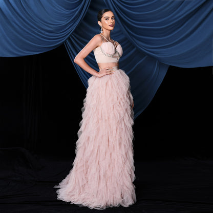 2025 suspender temperament sexy top long mesh pendulum skirt banquet set evening dress two-piece set