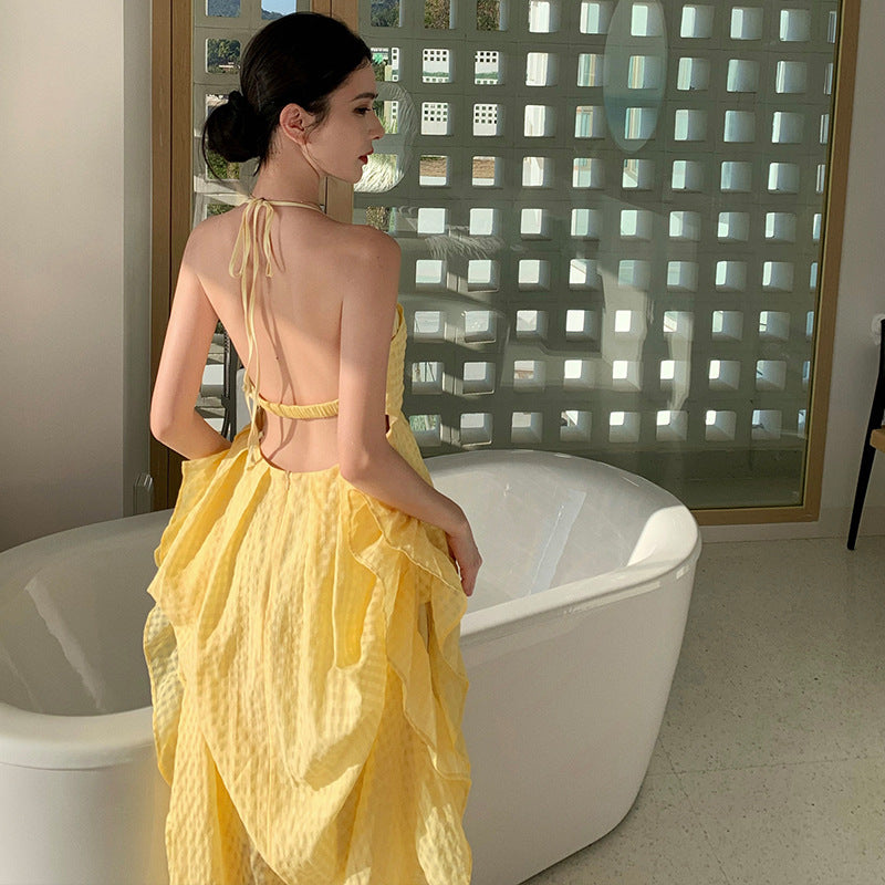 2025 Light yellow plaid holiday style backless dress women's summer dopamine wear island beach neck long skirt