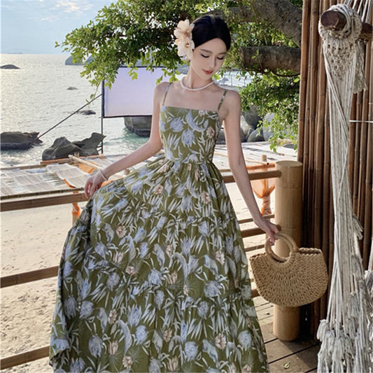 2025 romantic vacation style beautiful dating flower suspender waist halter thin Sanya seaside travel dress