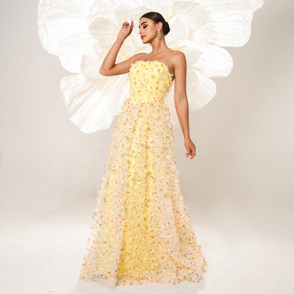 2025 high-end sleeveless temperament one-word collar long banquet evening dress bridesmaid dress mesh pendulum dress