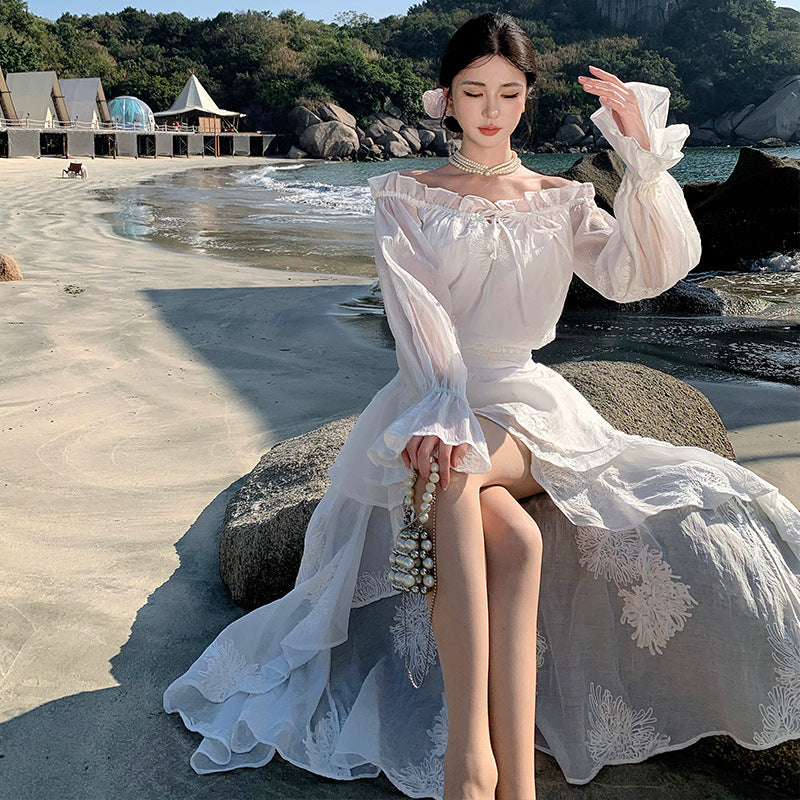 2025 temperament gentle wind shoulder dress fairy spring and summer birthday evening dress seaside vacation beach dress