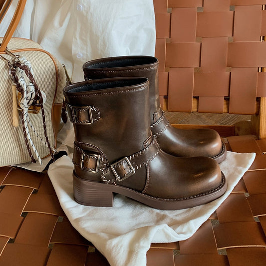 2025 Cowhide version~ Grape mother has the same retro colored belt buckle, old thick heel locomotive British style round head short boots for women