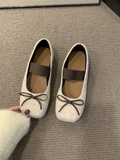 2025 Flat-bottomed  square head single shoes women's shoes popular new spring and autumn bow word with retro suede commuter shoes