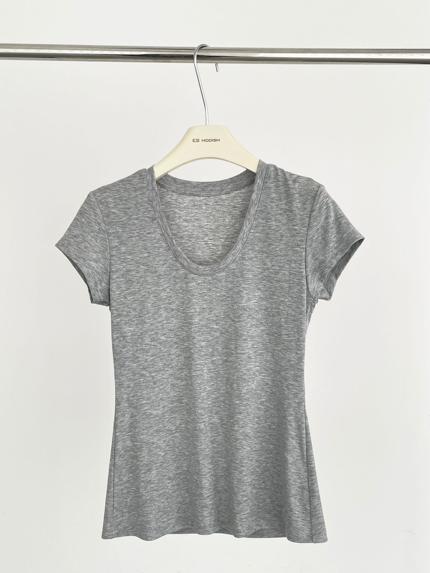 2025 ES MODISH Spring New Product Waist Skinny Shoulder U-Neck Short Sleeve T-Shirt Women's Design Versatile Tencel Top