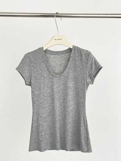 2025 ES MODISH Spring New Product Waist Skinny Shoulder U-Neck Short Sleeve T-Shirt Women's Design Versatile Tencel Top