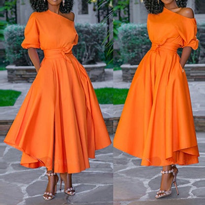 2025 New summer new Popular trade  2025 women's clothing single shoulder lace waist medium and long dress medium skirt