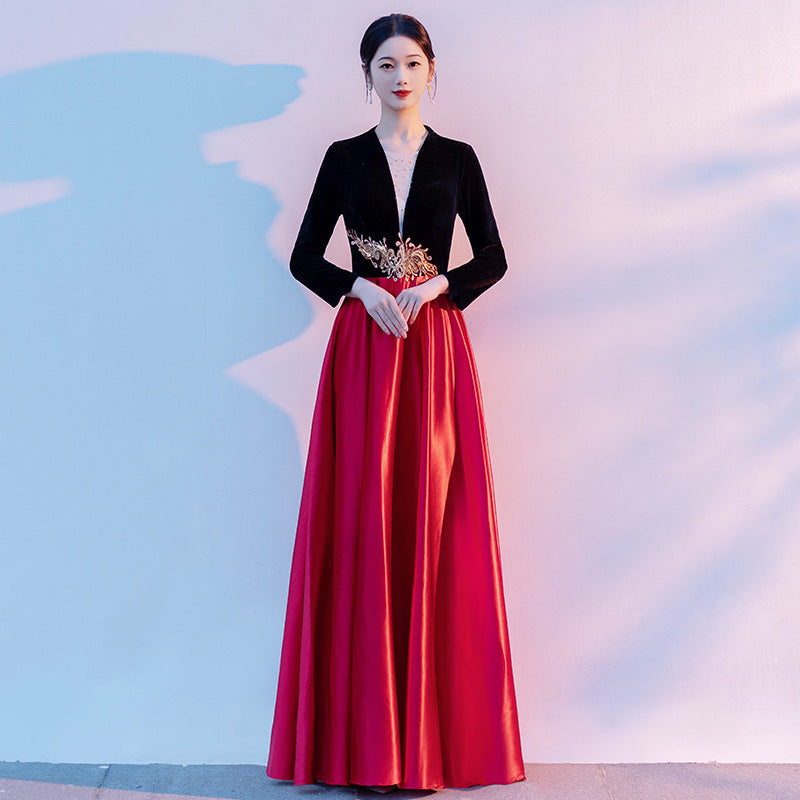 2025 Big choir performance costume female long dress host conductor evening dress poetry recitation red song black and red splicing costume