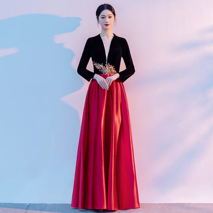 2025 Big choir performance costume female long dress host conductor evening dress poetry recitation red song black and red splicing costume