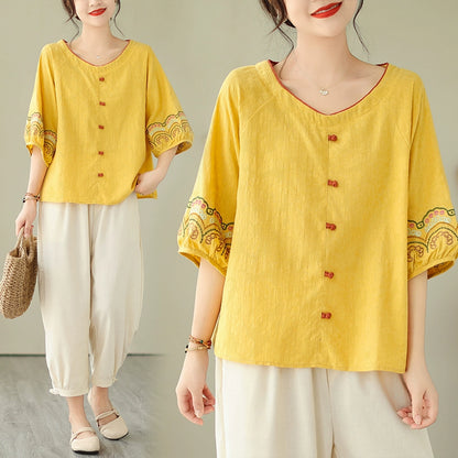 Young mother fashion suit jacquard loose literary button top ramie nine-point Harlan pants casual two-piece set