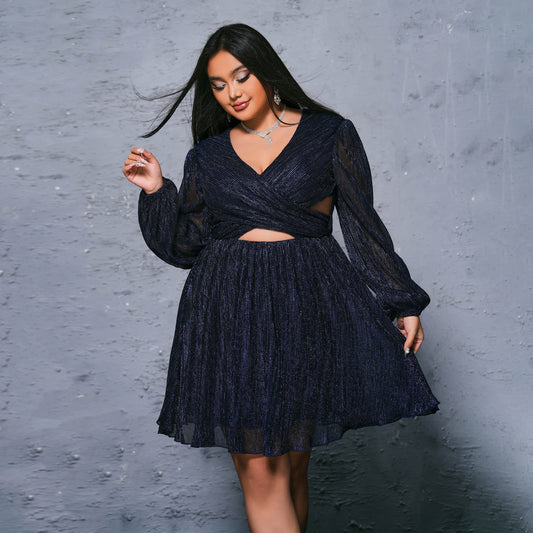 2025 Popular trade  fat mm large size women's clothing short long-sleeved V-neck banquet light luxury sexy evening dress dress