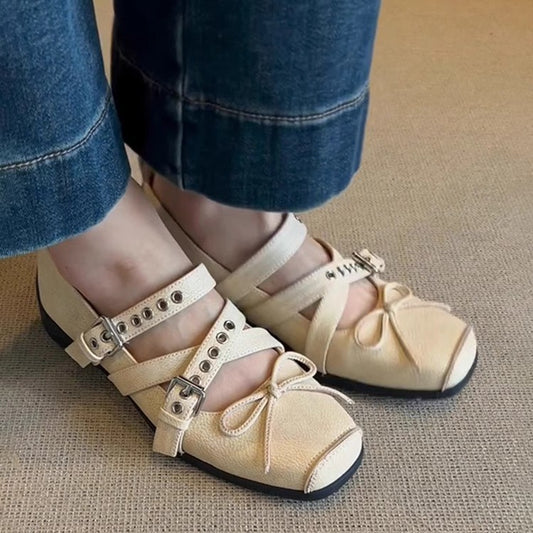 2025 Sheepskin version~  retro ballet style square head Mary Jane shoes women's cross buckle leather sports small leather shoes single shoes