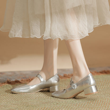 2025 Cowhide version~ Grape mother same soft-soled Mary Jane single shoes women's shoes one-word buckle belt shallow mouth flat shoes small leather shoes