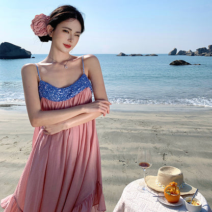 2025 Summer super fairy pink color matching seaside vacation dress niche design party birthday party toasting clothes