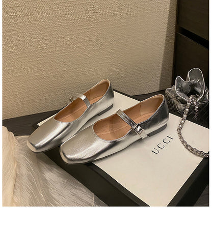 2025 Cowhide version~ Grape mother same soft-soled Mary Jane single shoes women's shoes one-word buckle belt shallow mouth flat shoes small leather shoes