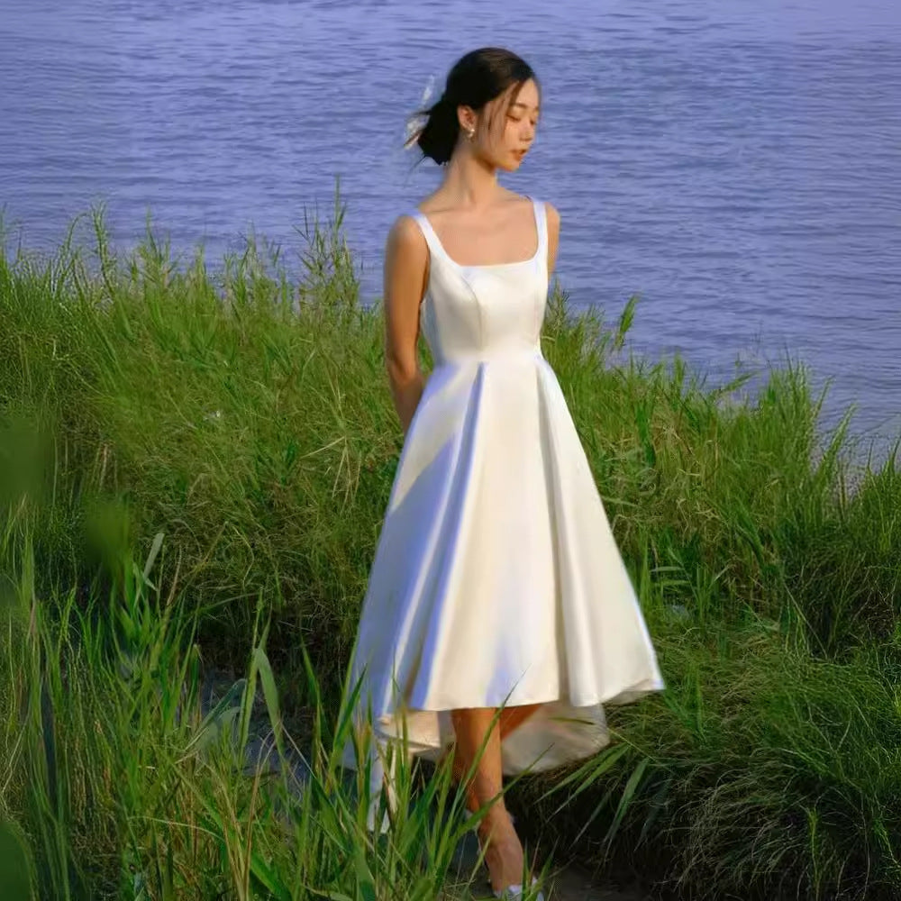 2025 light wedding dress bride simple satin suspender travel shot white short dress exterior going out yarn  spring