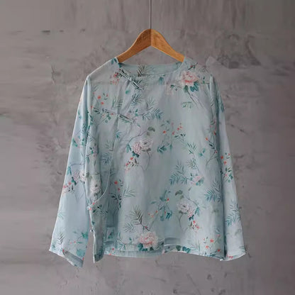 19 Summer Ramie Hanfu Zen Art Tea Clothing National Style Top Shirt Vintage Printed Zen Clothing S1946
