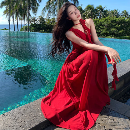 2025 Pure lust wind thin slanted shoulder red dress women's summer high waist sleeveless long dress high temperament vacation dating dress