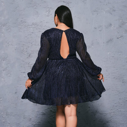 2025 Popular trade  fat mm large size women's clothing short long-sleeved V-neck banquet light luxury sexy evening dress dress